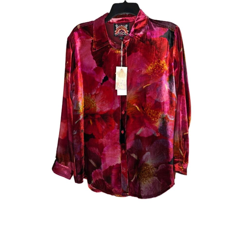 Johnny Was Womens Small Multi Color Velvet Shirt Floral Button Down Silk Blend